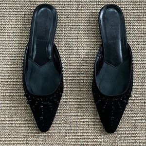J.Crew black satin beaded mules w/flat heel size 8 1/2